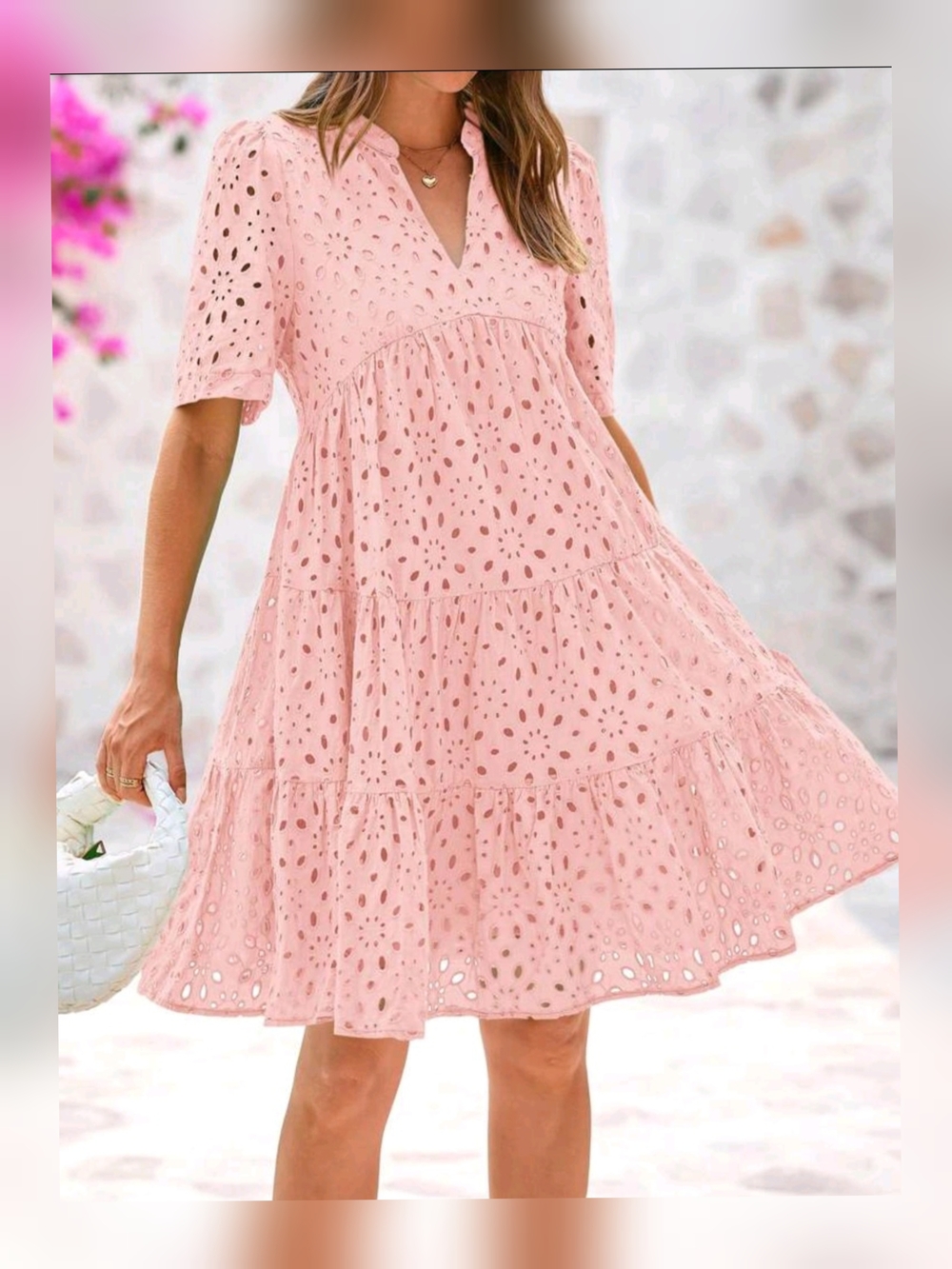 Tiered Eyelet V-Neck Mini Dress in Light Pink